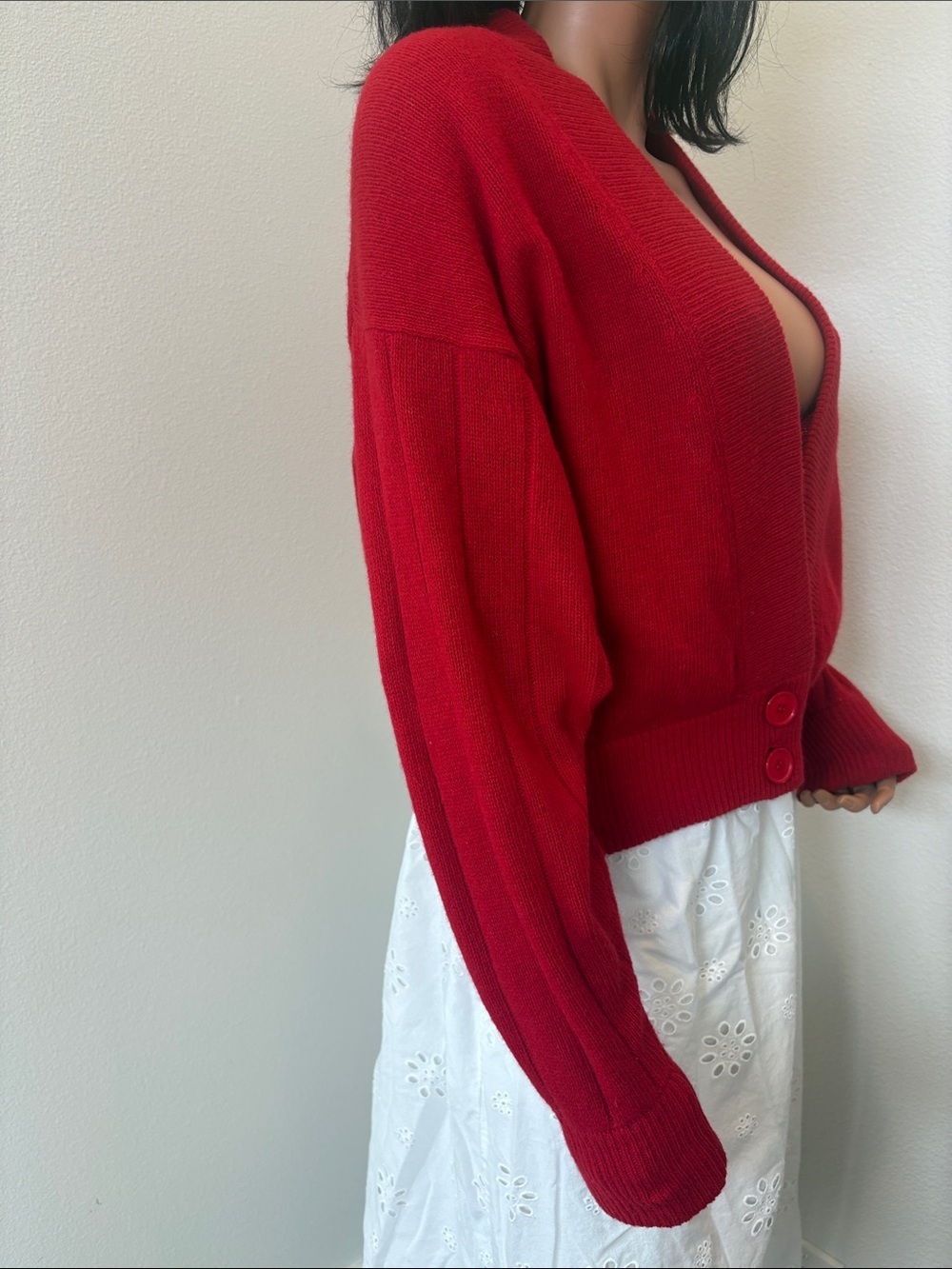 Cropped Red V-Neck Button-Front Cardigan - Picture 4 of 7